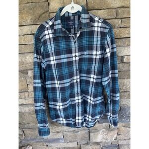 American‎ Eagle Outfitters Flannel Shirt Men S Teal & White Blue Long Sleeve